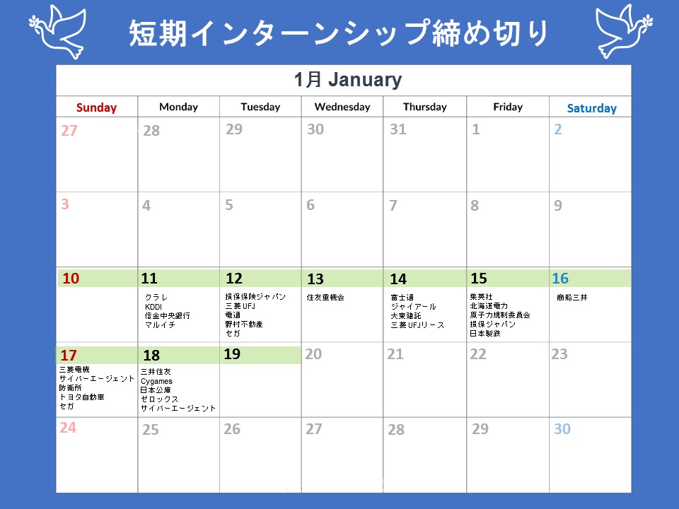 短期インターンシップ締切カレンダー(2021年1月10日～1月19日)